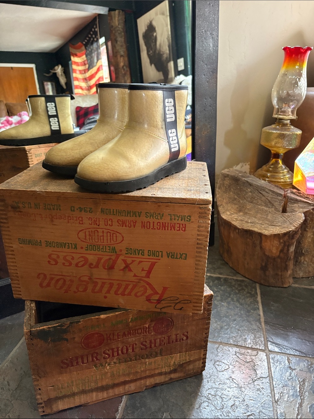 UGG Short Boot in Olive with Black Trim and Logo Strap